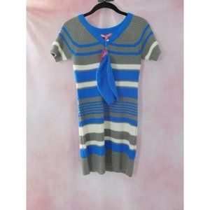2 pc Girls Sweater Dress and Hat Size M 10-12 Striped Blue Gray White